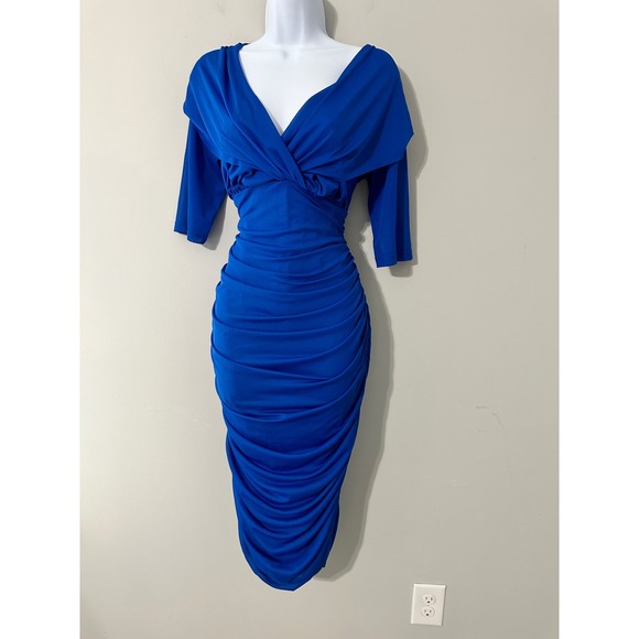 Kiyonna Blue Ruched Cocktail Dress V Neck 3/4 Sleeve PLUS Size 1X - Picture 1 of 7